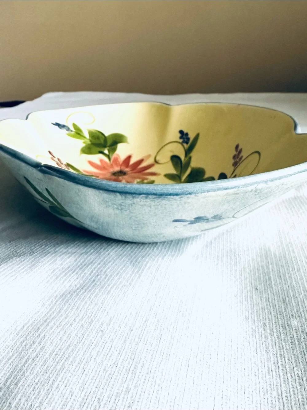 Laurie Gates Hand-Painted Floral Ceramic Dish in Cream with Pink & Blue Flowers